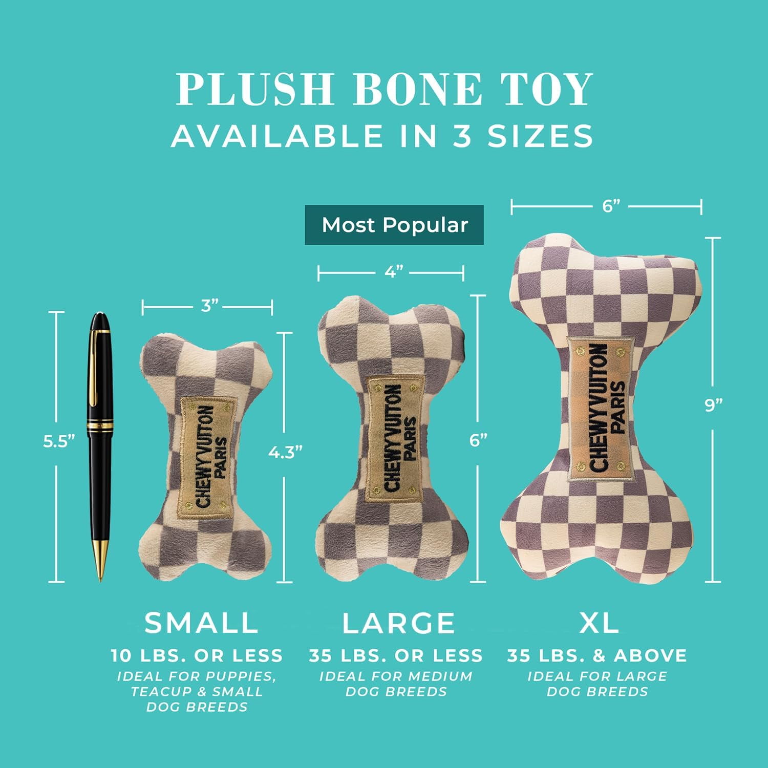 Haute Diggity Dog Checker Chewy Vuiton Bone, Plush Dog Toy with Squeaker, Machine-Washable, for All Breeds, Size Extra Large