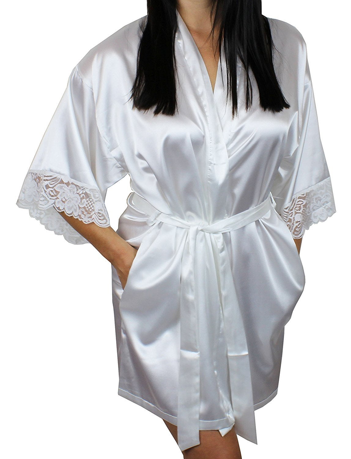 Balancora Women Kimono Robe Silk Dressing Gown Short Lace Bridal Robes Satin Bathrobe Sleepwear with Pockets XS-XXL