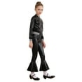 thumbnail image 3 of iEFiEL Kids Girls Metallic Dance Performance Suit Long Sleeve Front Zipper Jacket with High Waist Bell-bottoms Black 14, 3 of 7