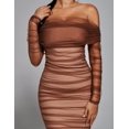 thumbnail image 4 of Vestido midi BELLA BARNETT Sexy fruncido con hombros descubiertos, marrón, 4 of 6