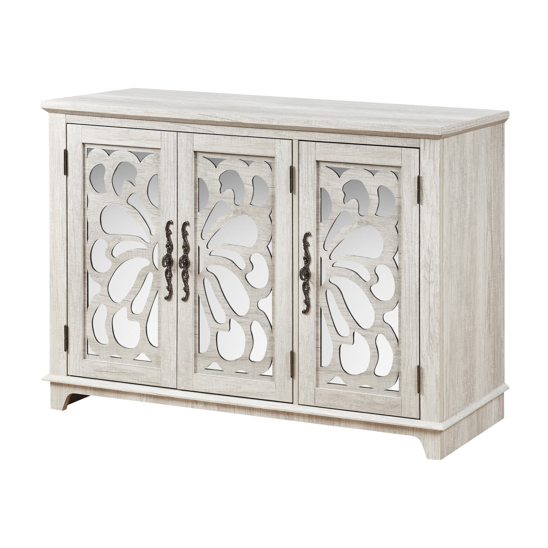 GDF Studio Danus 3-Door Acrylic Mirrored Sideboard Cabinet, Rustic Hollow-Carved Storage Cupboard for Kitchen, Light Gray