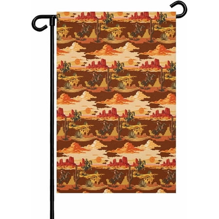 Tropical Plant Cactus Garden Flag, Western Cowboy Horse Sunset Desert Design, Double Sided Weatherproof Yard Flag, 12 x 18 Inch, Brown