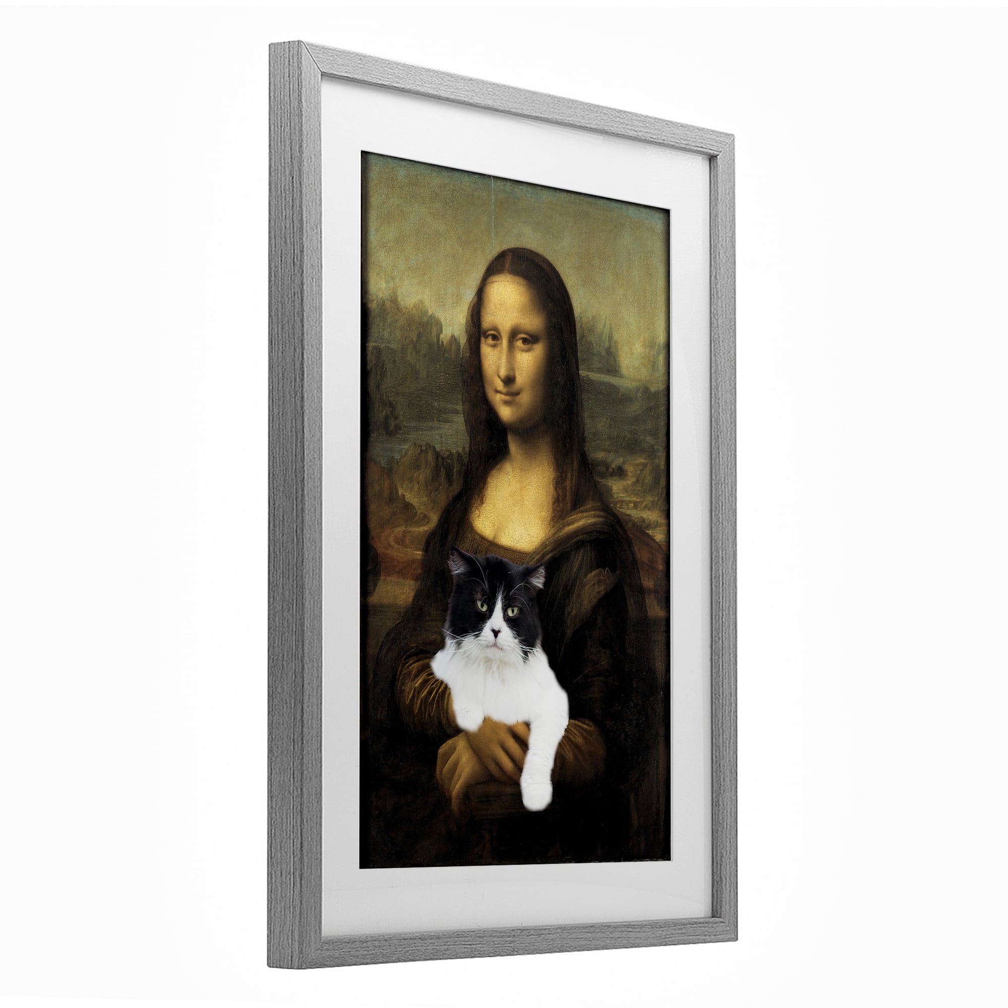 Mona Lisa Cat Lady Gray Framed Print Under Glass, design by Masters Redux