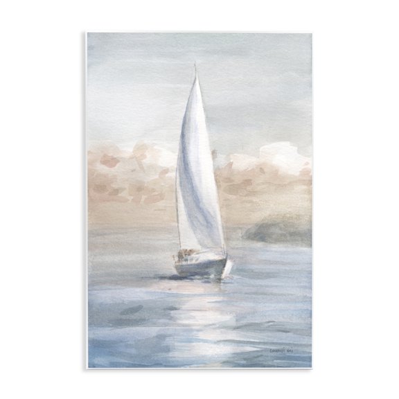 Stupell Industries Transitional Sailboat Under Cloudy Morning Sunrise Soft Contemporary Ocean Wall Plaque Art, 13 x 19, by Danhui Nai