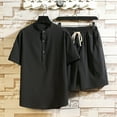 thumbnail image 2 of Two Piece Pants Sets Mens Two Piece Solid Cotton Linen Short Sleeve V Neck Tops and Shorts Set, 2 of 11