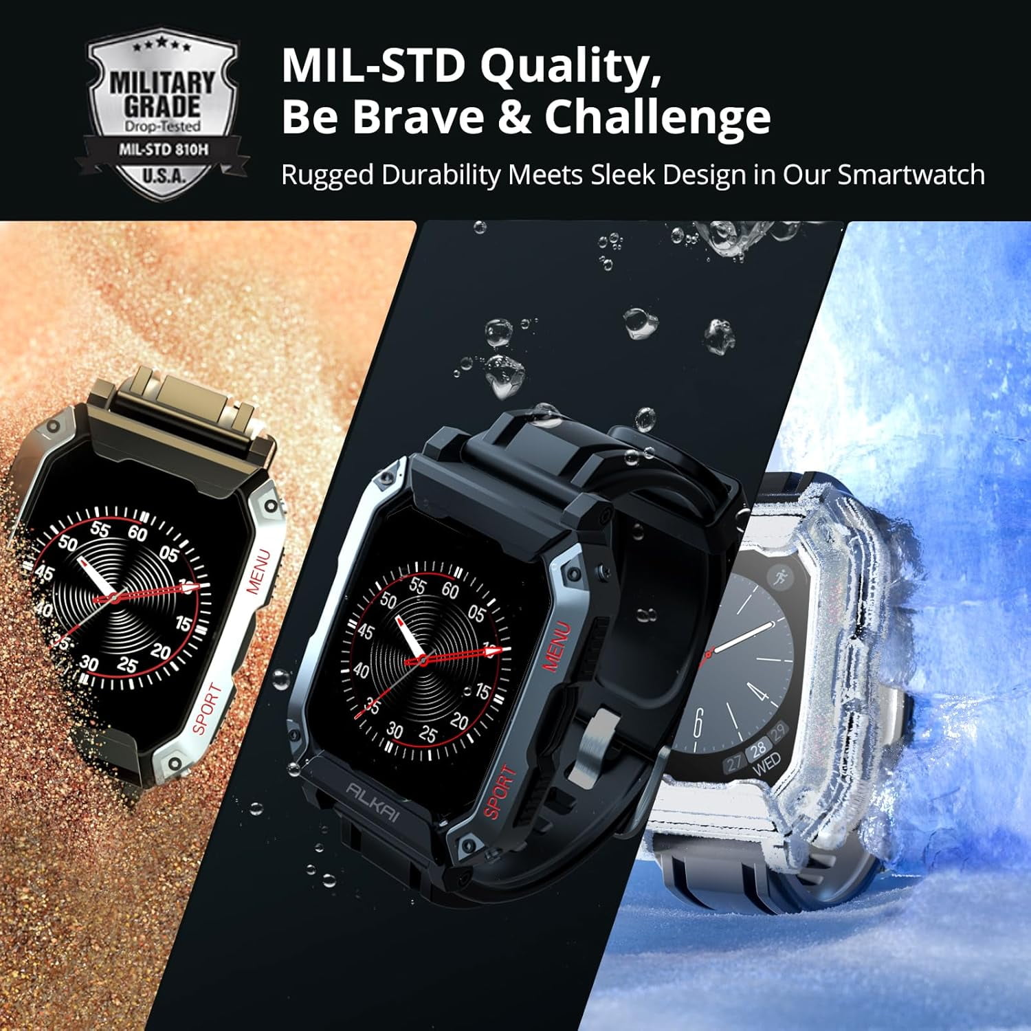 ALKAI Smart Watch Rugged and Military with 5ATM Waterproof Bluetooth Call(Answer/Dial Calls) AI Assistant, Long-Lasting Battery Life, Multiple Sports Tracking, 2.02'' HD Display