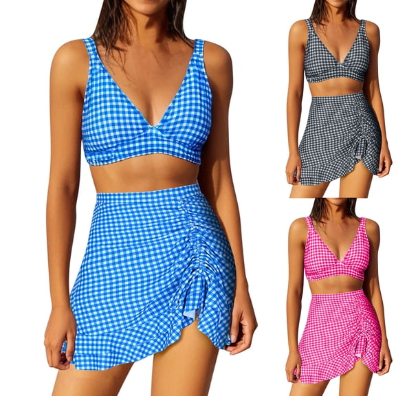 Bixock 3 Piece Swimsuits for Women,Tankini Swimsuits for Women Piece Print V Neck Tankini Top with Skirt and Bottom Beach Vacation Bathing Suit Swimwear