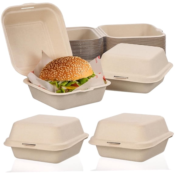 20 Pack Clamshell To-Go Containers 4x4 inch Disposable Bagasse Food Boxes with Secure Lids Take Out Food Containers for Hamburgers, Sandwiches, Snacks & Bento Lunches - Thickened - Beige