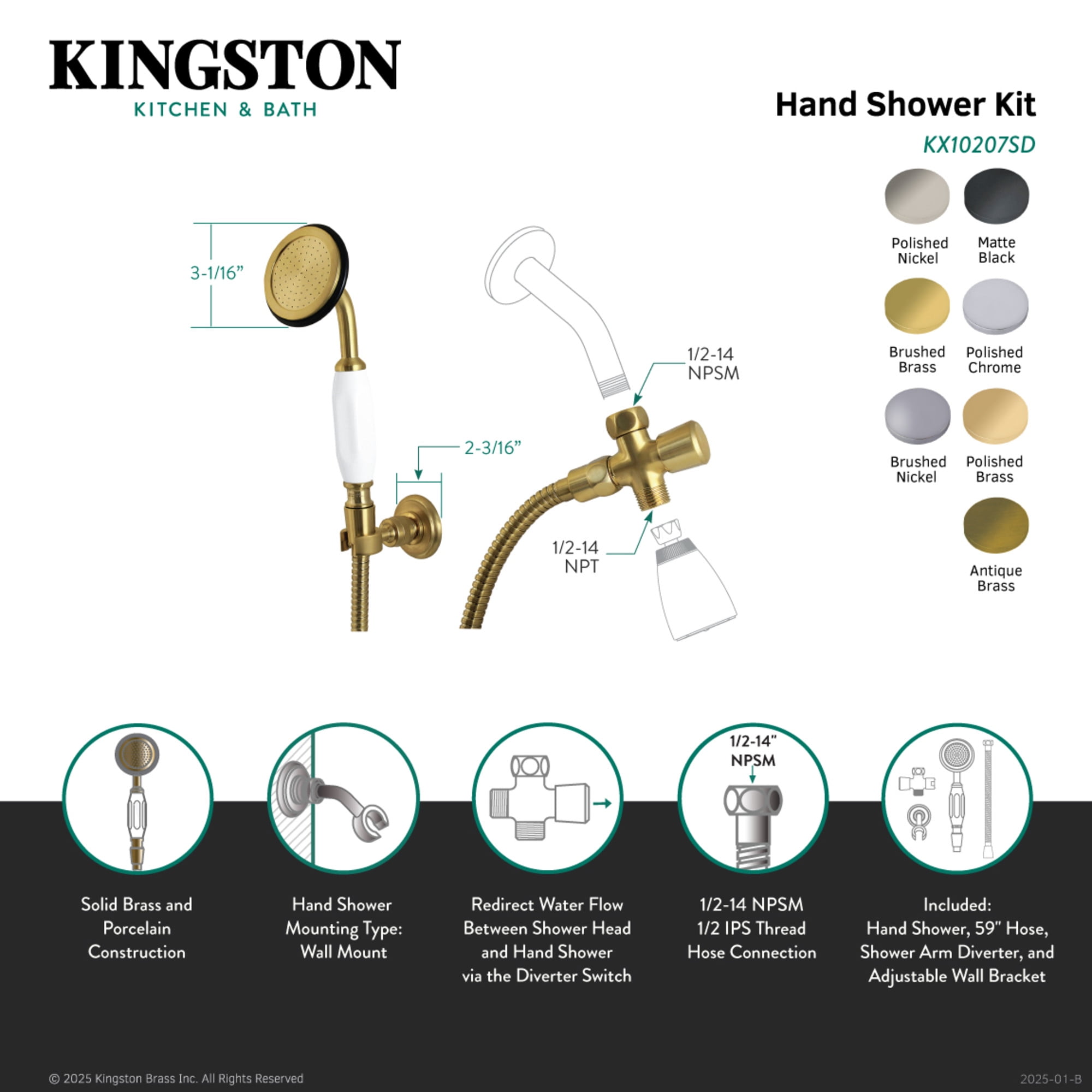Kingston Brass KX10202SD Vintage Hand Shower Kit, Polished Brass