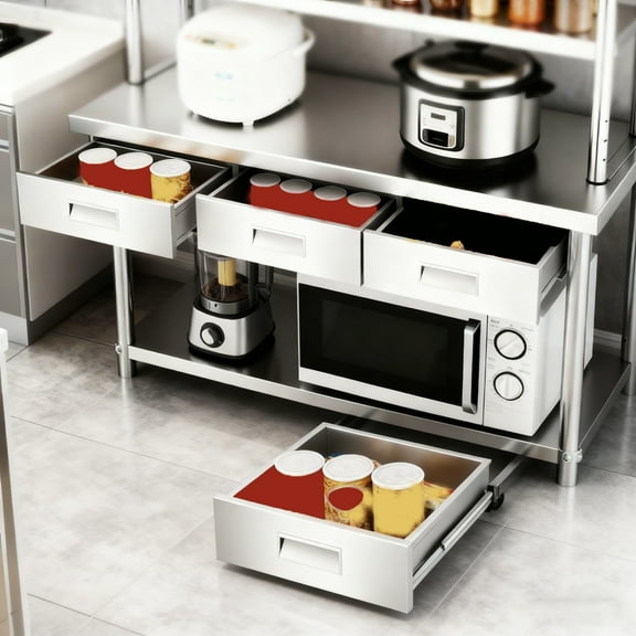 Unility Stainless Steel Work Table with 3 Drawers   Upper Shelf, Commercial Metal Rack with 72"x23.6" Overshelf, Utility Prep Station,Silver