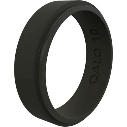 QALO Men & Women's Rubber Silicone Ring, Narrow Polished Step Edge Rubber Wedding Band, Breathable, Durable Unisex Engagement Silicone Ring, 6.5mm Wide 2mm Thick, Black, Size 9