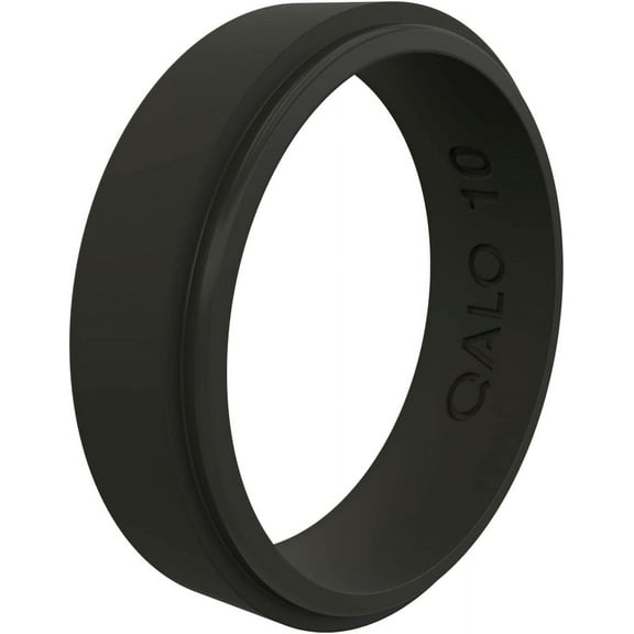 QALO Men & Women's Rubber Silicone Ring, Narrow Polished Step Edge Rubber Wedding Band, Breathable, Durable Unisex Engagement Silicone Ring, 6.5mm Wide 2mm Thick, Black, Size 10