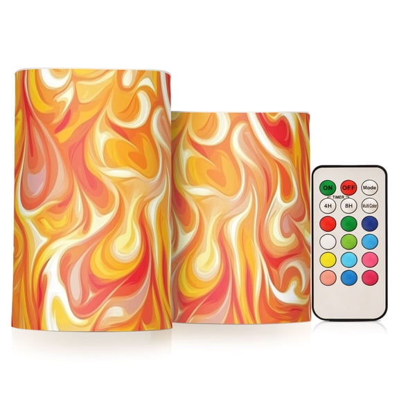 Orange Blaze Print Flickering Flameless Candles Battery Operated with Remote Timer LED Pillar Candles Set of 2