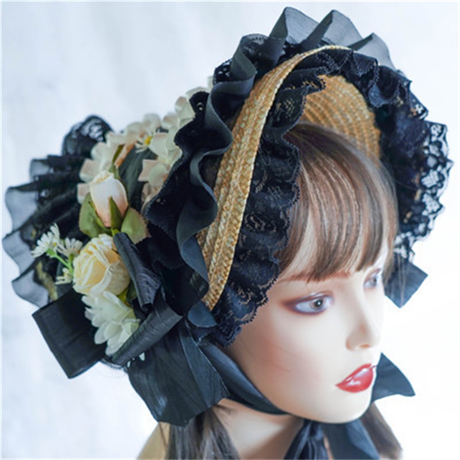 Teas Party Sun Hat Lace Fascinators For Women Lolit Straw Hat Victorian Bonnet Victorian Headdress Flower Straw Hat