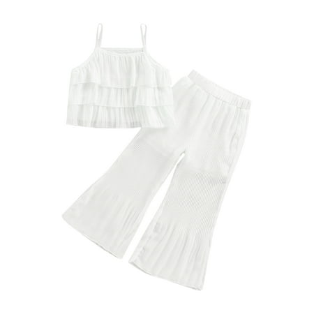 

ZIYIXIN 2Pcs Toddler Baby Girls Summer Outfits Layered Ruffle Sling Vest Tops + Wide Leg Pants Sets White 4-5 Years