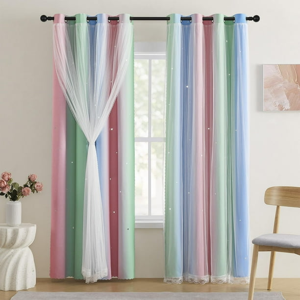 Cortinas XiDi Pink Blackout con arcoíris y unicornio, 86 x 183 cm