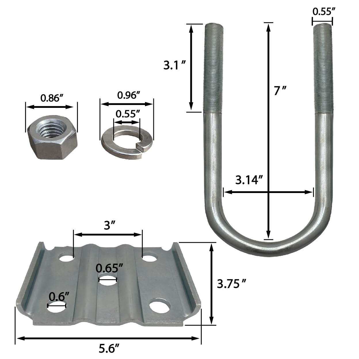 Round U Bolt & Plate Kit for Trailer Axle, Galvanized Zinc, 3"W x 7"L - Tandem Axle