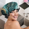 thumbnail image 5 of Shower Caps,Teal Gold Marble Pattern Waterproof Shower Cap for Women 4 Pieces,Double Reusable Hair Cover for Shower PEVA Elastic Stretch Hem, 5 of 7