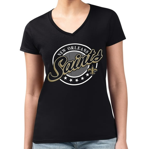 Women's G-III 4Her by Carl Banks  Black New Orleans Saints Super-Slim Fit Lightweight Pinstripe Circle V-Neck T-Shirt