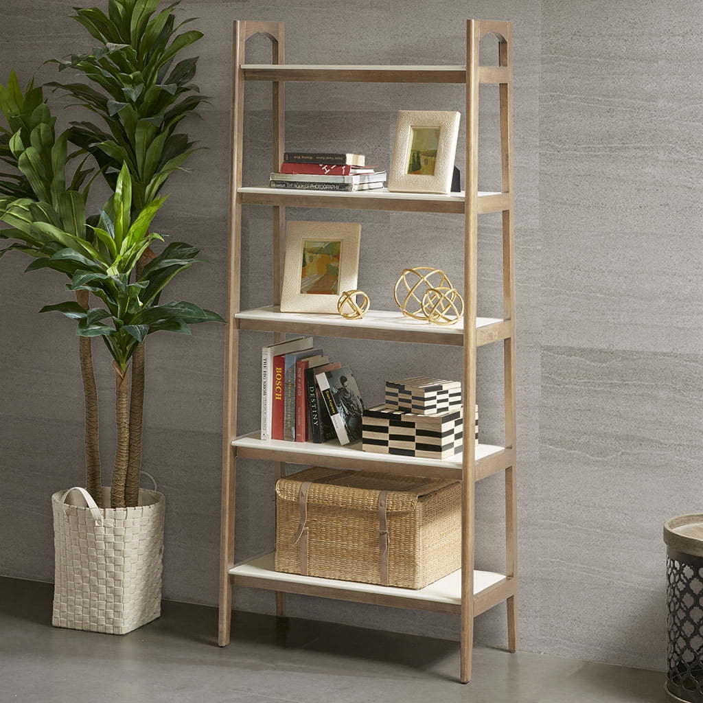 Parker Mid-Century Solid Wood and MDF Ladder Bookcase in Off-White/Natural
