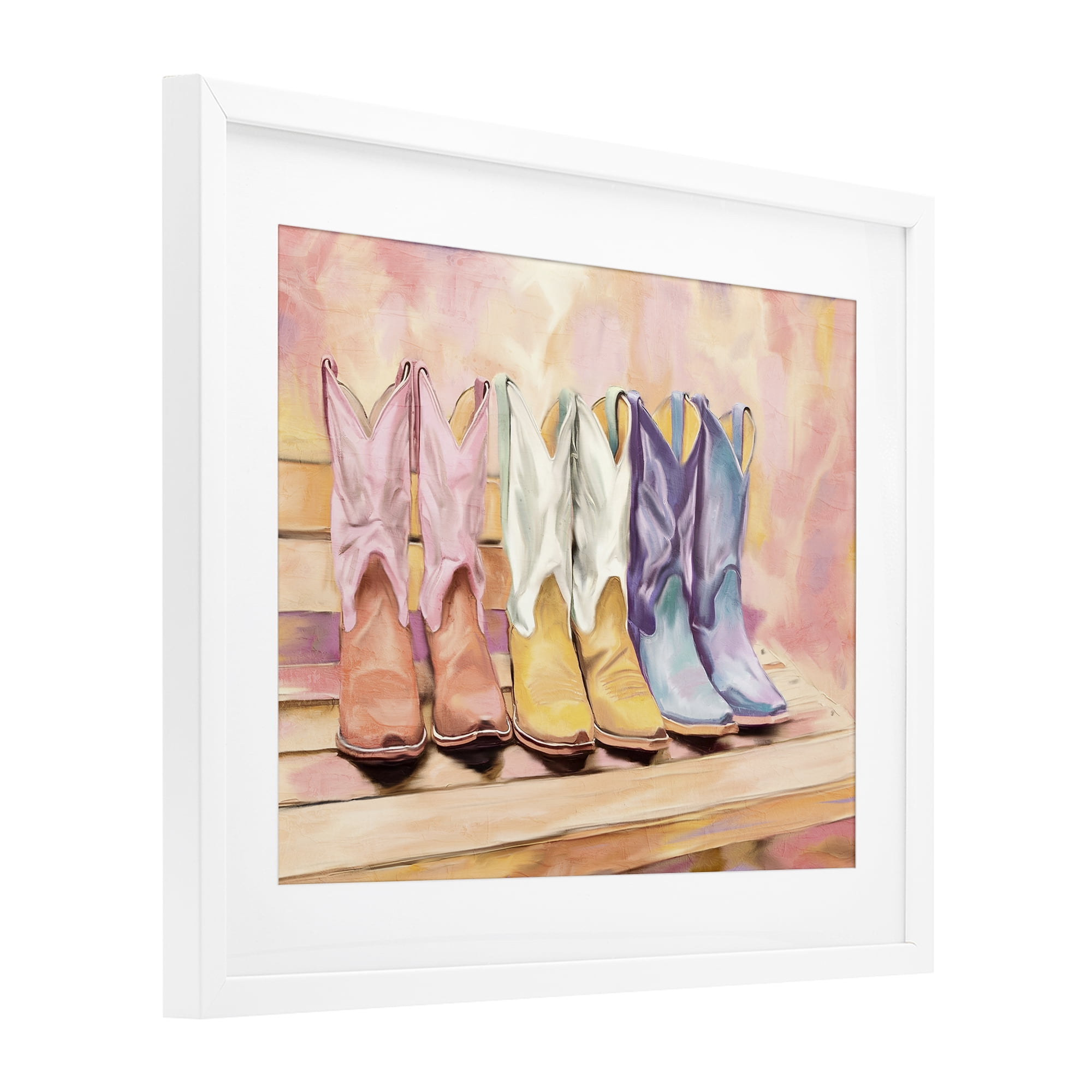 Painted Boots Trio White Framed Print Under Glass, design by Kim Allen