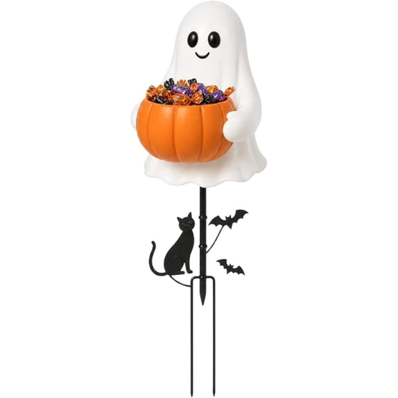 Rongyun Halloween Ghost Candy Holder Garden Stake with Lighted Pumpkin Bowl, Trick or Treat, Outdoor Yard Decor, Porch Lawn Pathway, Party Decoration, Ghost Stake Design (1pcs)