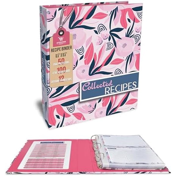 Recipe Binder, 8.5" x 9.5" 3 Ring Binder Organizer Set (with 50 Page Protectors, 100 4" x 6" Recipe Cards & 12 Category Divider Tabs) Floral Design$$Home Decor, Kitchen, & Other