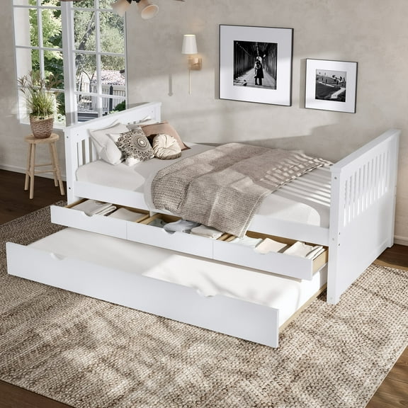 Bed Frames Twin Platform Bed with Drawers and Trundle, Solid Wood Daybed, No Spring Box Needed, White,Storage Beds Frames
