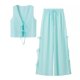 thumbnail image 4 of HH TRAF Conjunto de 2 piezas de verano para mujer, chaleco con lazo y cuello en V sin mangas de dos colores lisos y pantalón largo con cintura elástica para mujer, 4 of 4