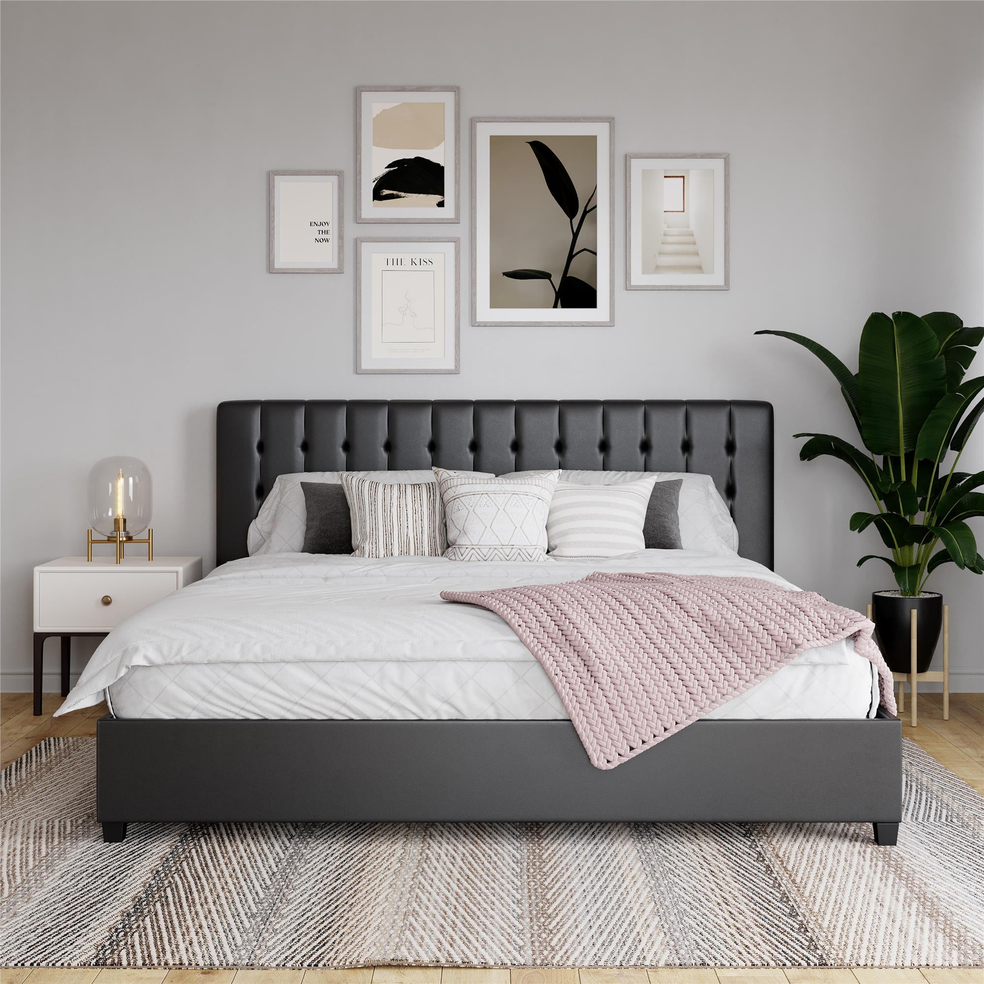 DHP Emily Upholstered Bed, Black Faux Leather, King