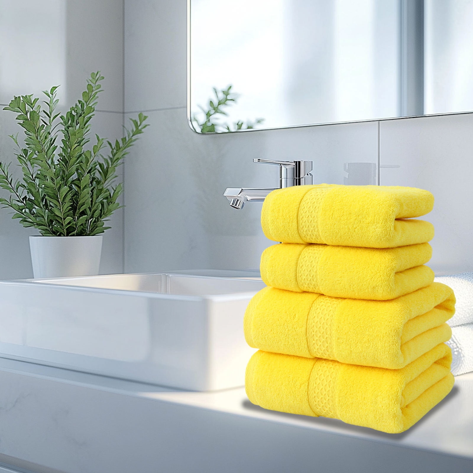 Beautynvta Cotton Plain 4 Piece Towels Set, Cotton Soft Absorbent Towels for Bathroom, 2 Bath Towels 2 Hand Towels, Yellow