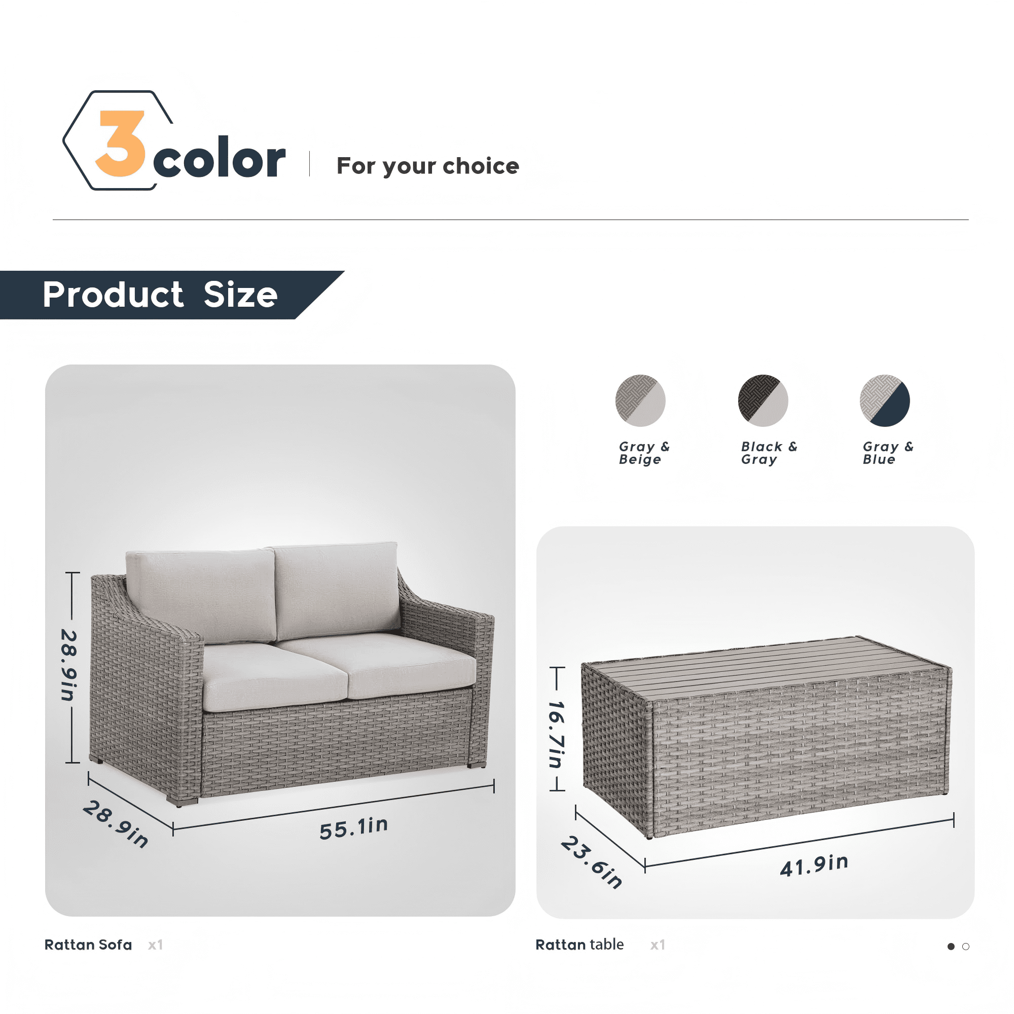 Outdoor Sectional Sofa Patio Conversation Set, Wicker Outdoor Furniture Loveseat with Coffee Table All Weather Cushioned Seating for Backyard Porch Deck (Brown/Grey)