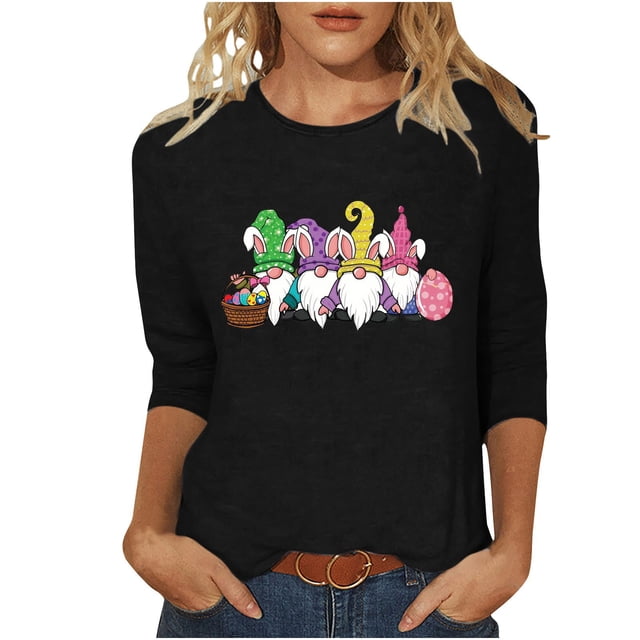 Blouse pour Femmes T-shirt Imprimé Col Rond de Pâques Manches 3/4 Col Rond Chandail