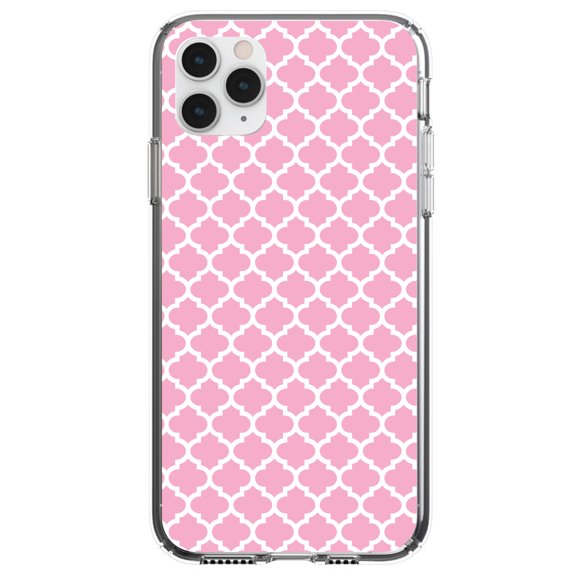 DistinctInk Clear Shockproof Hybrid Case for iPhone 13 PRO (6.1" Screen) - TPU Bumper, Acrylic Back, Tempered Glass Screen Protector - Pink White Moroccan Lattice