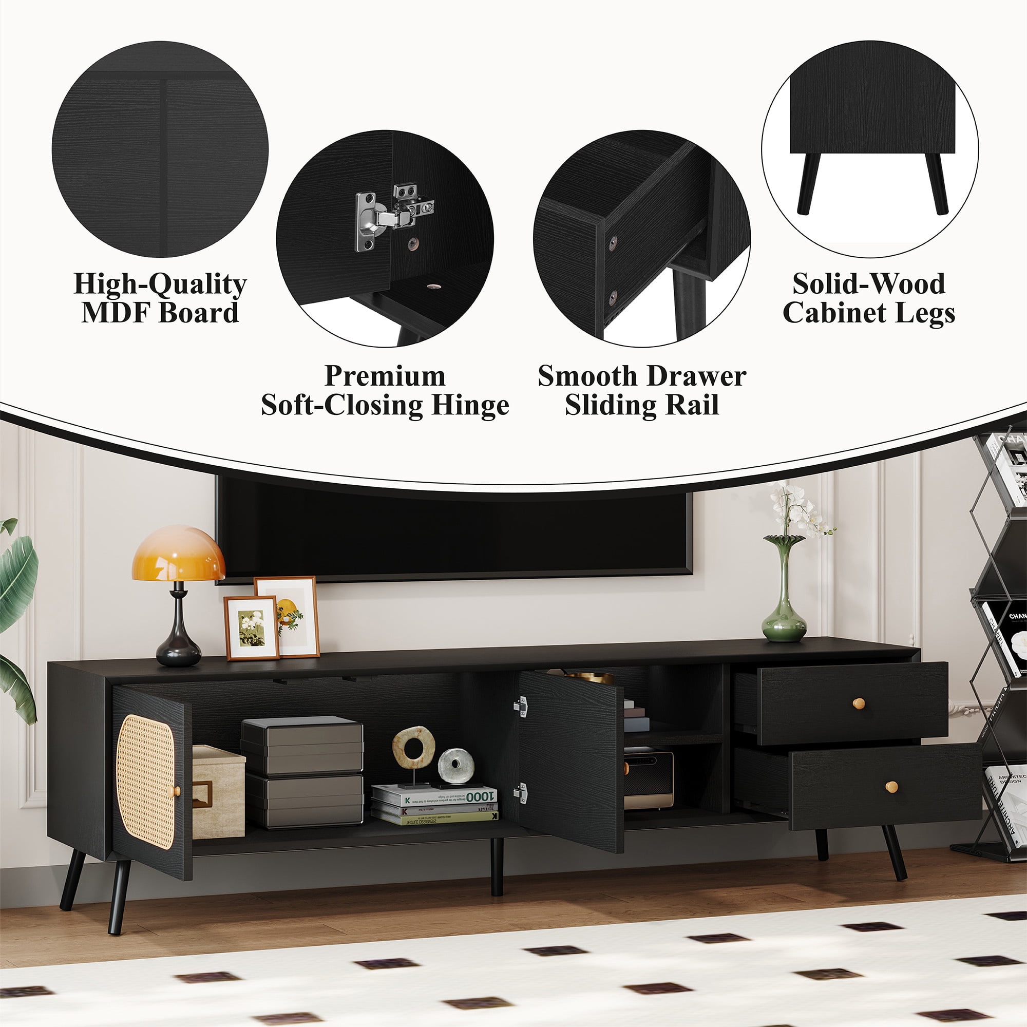 PAPROOS TV Stand for 80 inch TV, TV Cabinet with 2 Drawers & Rattan Door, Mid Century TV Console Table with Storage Cabinets, Entertainment Center for Living Room, Office, Black
