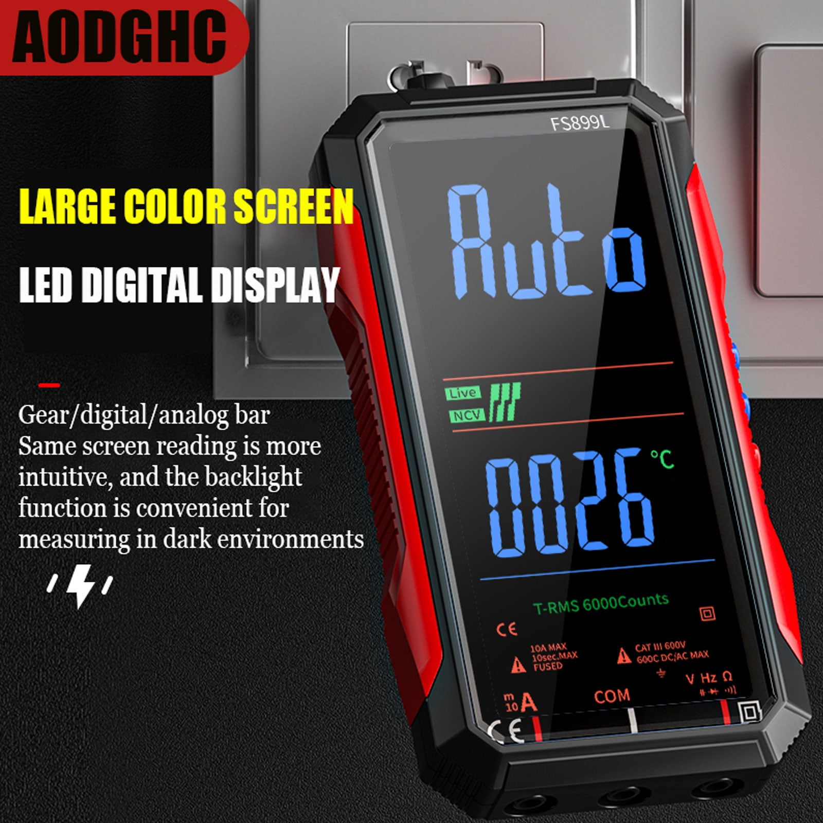 True RMS 6000-Count Digital Voltmeter,USB Rechargeable FS899L Multimeter,Large Color Screen & Backlight,Smart Automotive Electrical Non Contact Voltage Tester