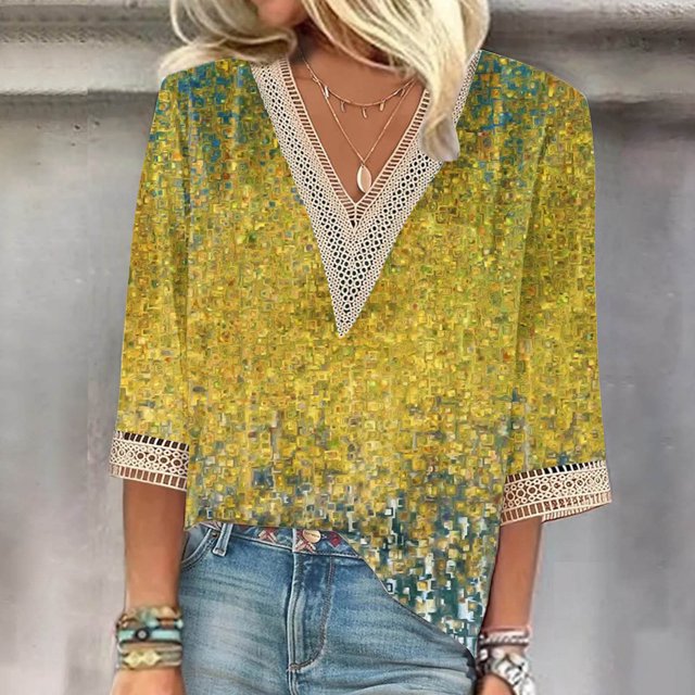 ICHUANYI Clearance Fashion Women's Summer V-Neck 3/4 Sleeve Lace Print Casual T-shirt Blouse(Green, XXL) ICHUANYI WER2023081110141