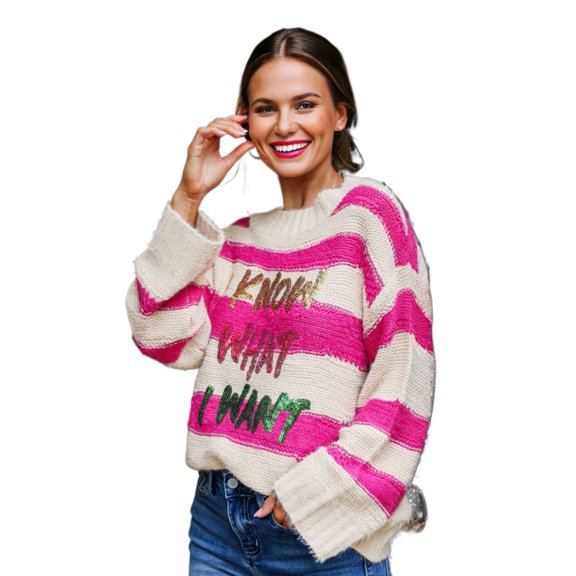 Women's Rose Red Sequin Letter Graphic Colorblock Sweater – Casual Fall Fashion Essential - [ZhiHiMeRi] | L