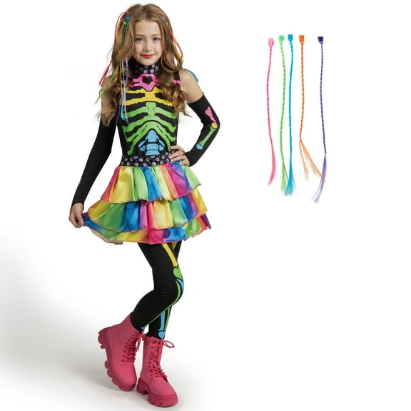 Joyfy Skeleton Tutu Dress for Girls,  Colorful  Bones Skeleton Costume for Kids Halloween Dress Party up Cosplay