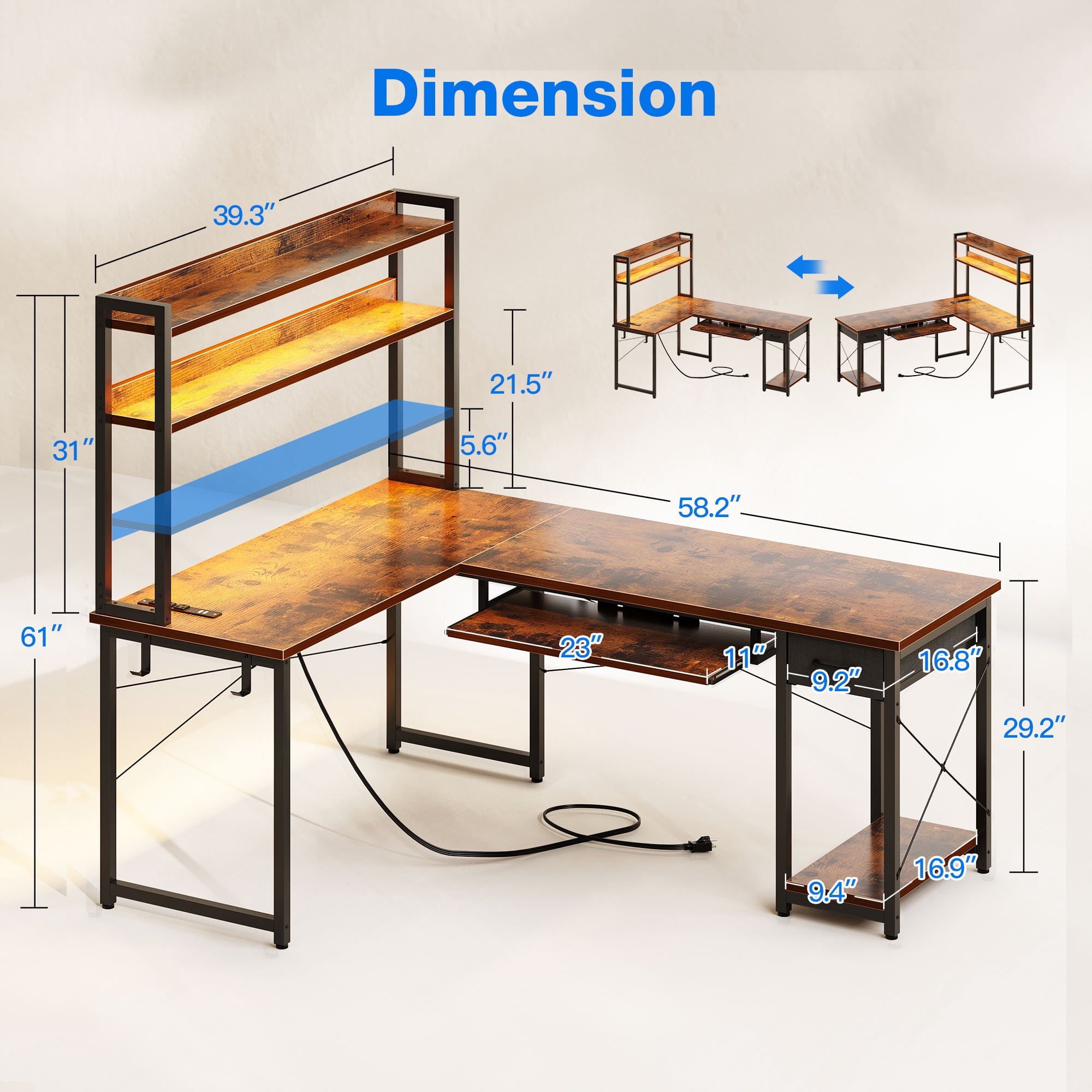 59" Reversible L-Shaped Gaming Desk with Power Outlets & LED Lights, Office Desk with Storage Drawer & Keyboard Tray for Home Office, Corner Computer Desk with Hutch, Vintage