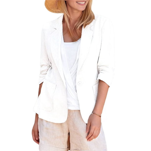 Chaqueta de Trabajo Informal Ligera para Mujer, con Solapa, Mangas Cuartos, Plisada Elástica, Forrada y Bolsillos 4XL