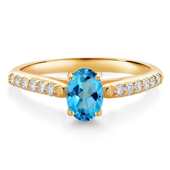 Gem Stone King 10K Yellow Gold American Blue Mystic Topaz and White Lab Grown Diamond Engagement Ring for Women (1.18 Cttw, Oval 7X5MM, Gemstone Birthstone, Size 5)