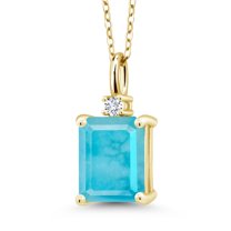 Gem Stone King 18K Yellow Gold Plated Silver Green Turquoise and White Lab Grown Diamond Pendant Necklace for Women (2.34 Cttw, Gemstone Birthstone, Emerald Cut 10X8MM with 18 inch Silver Chain)