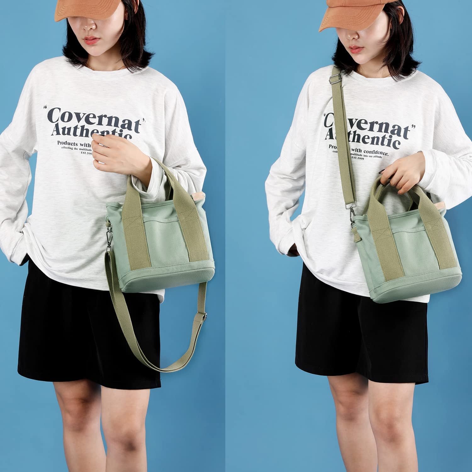 Small Cute Canvas Tote Crossbody Shoulder Bag Multiple Pockets Mini Casual Satchel Hobo Handbag Messenger Purse for Women