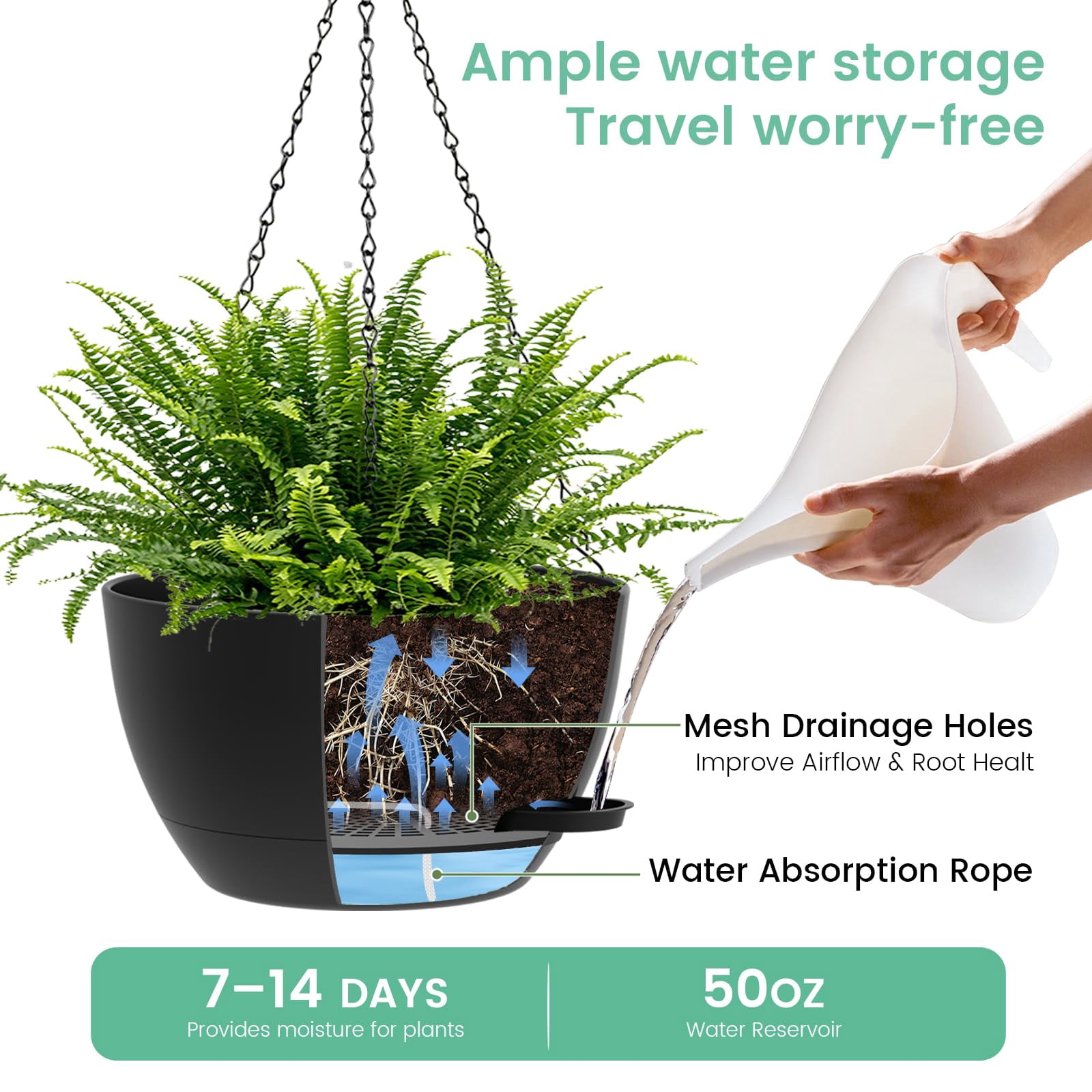 13 Inch 2 Pack Large Self Watering Hanging Planters For Indoor Outdoor Plants  Plant Pots With Removable 50 Oz Reservoir Plastic Basket Window Porch Garden Balcony Black