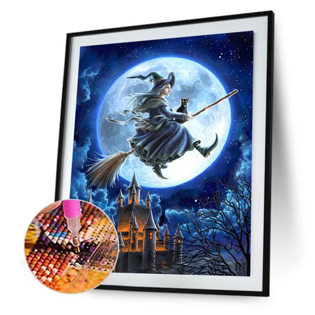 Cuadros Decorativos 5D DIY diamante pintura Halloween bruja completo taladro redondo decoración de pared (G661) Ehuebsd embutido en tela