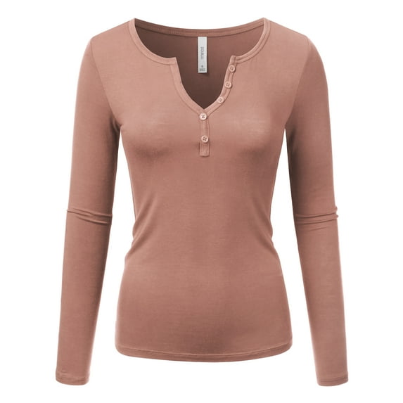 Doublju Women's Long Sleeve Basic Henley Deep V-Neck Button Placket T-Shirt