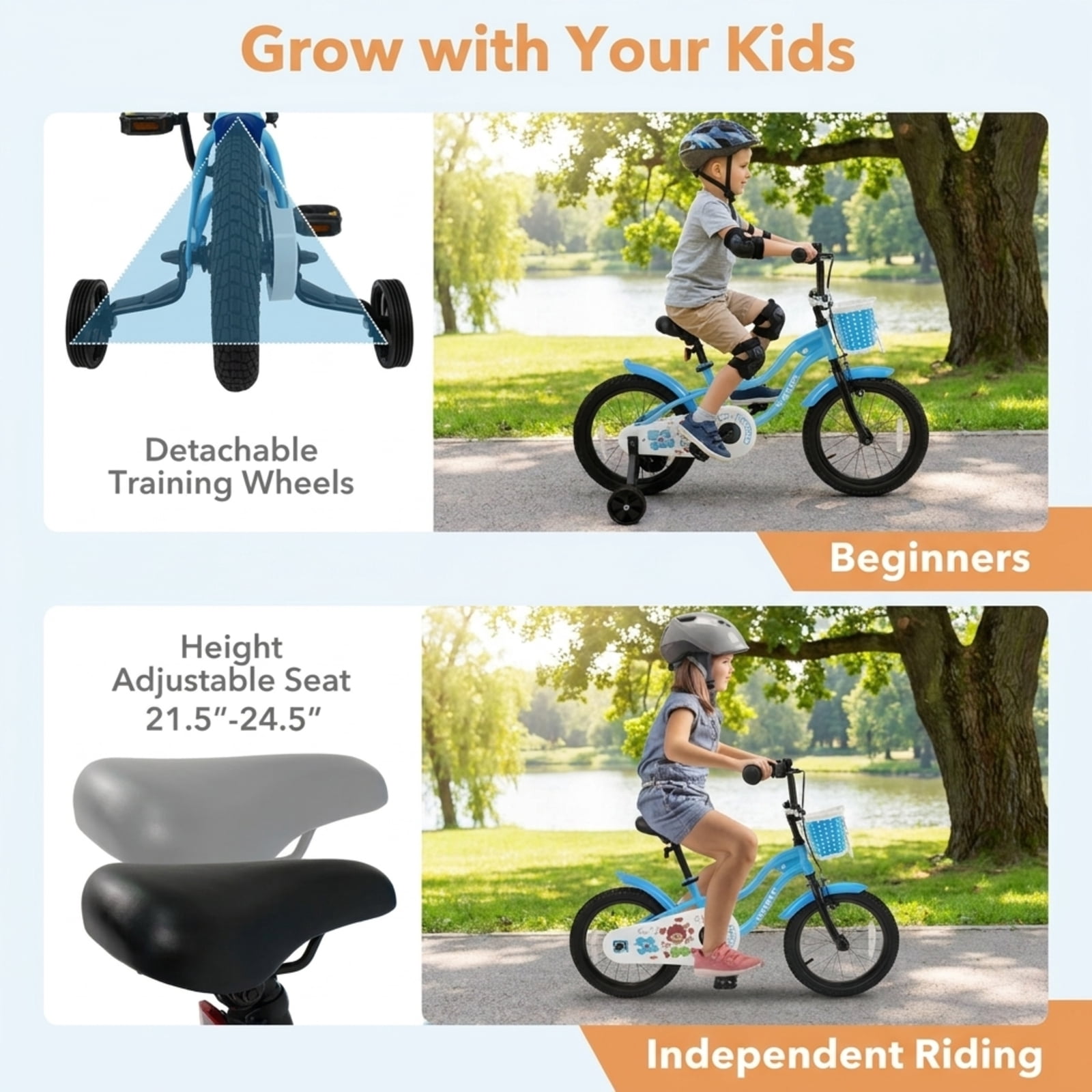 Redsmile Kids Bike 14 Inch with Training Wheels and Front Basket for Boys Girls Ages 3-5, 12 14 16 Inch Adjustable Seat Youth Bicycle for Toddlers, 110 lb Capacity, Multicolor