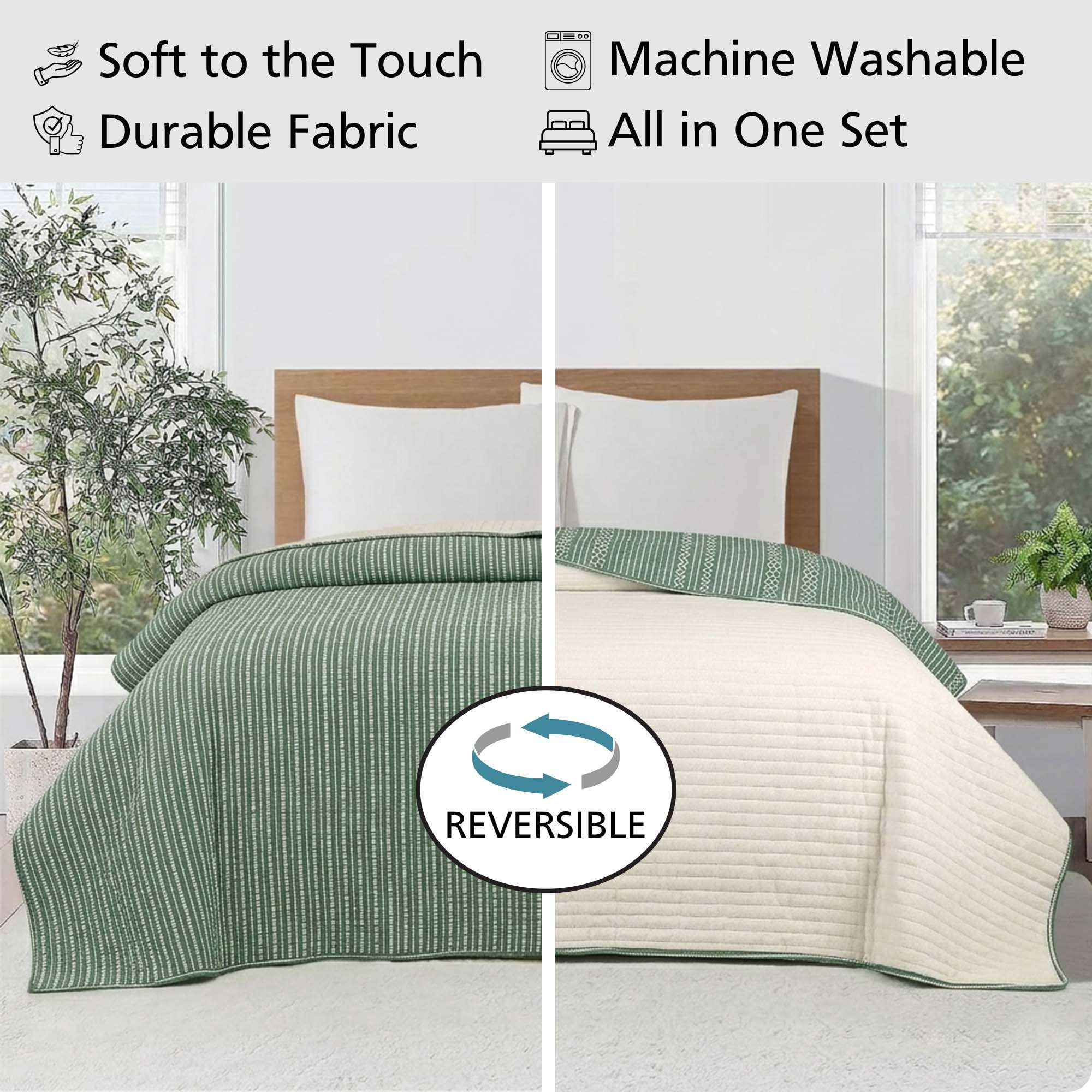 Mainstays Jersey Quilt Bedding Green Striped Cotton, Polyester Jersey Knitted Weave, King - Reversible, Breathable