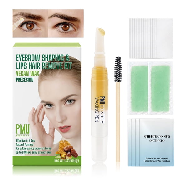 PMUBEAUTY Kit de cera moldeadora de cejas para mujeres, depilación facial en casa con 4 unidades de tiras de cera listas para usar para todo tipo de cabello, áreas delicadas, tiras de algodón, toallit